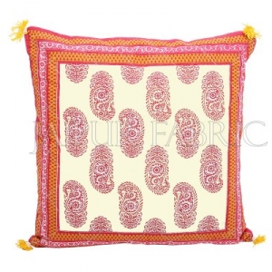 Orange Border Keri Block Print Cotton Cushion Cover