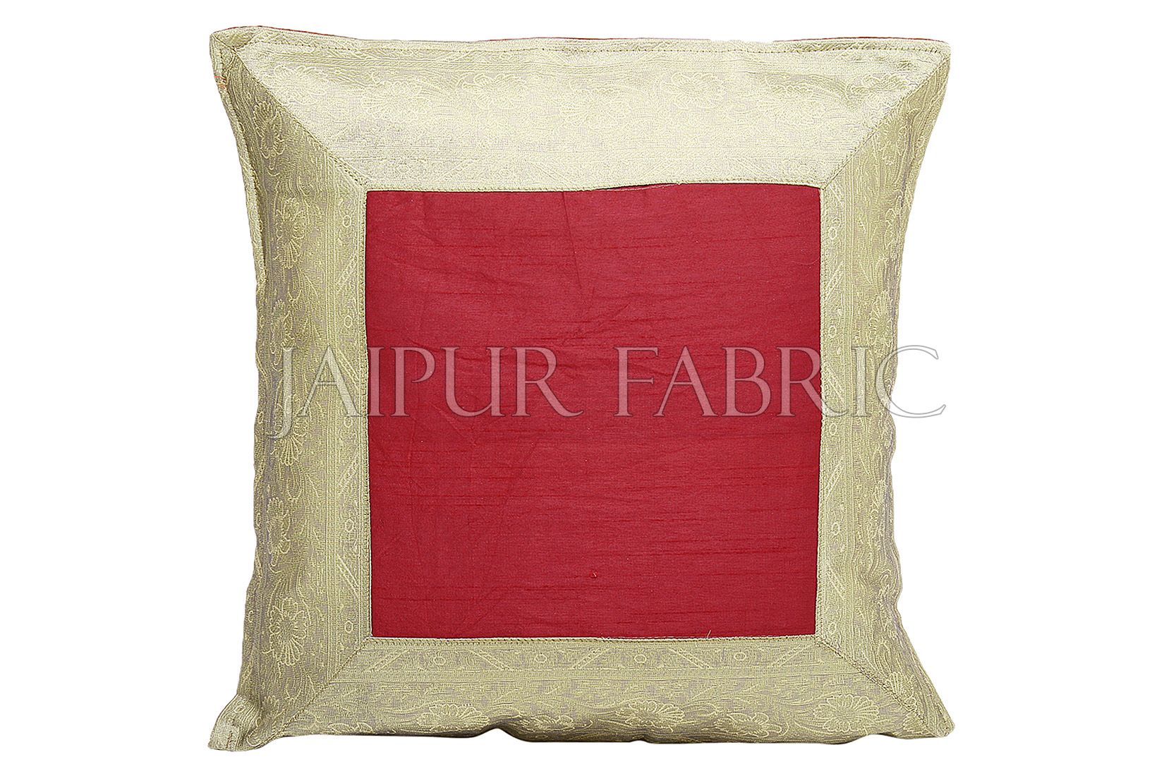 Red Base with Golden Gota Work Border Cotton Satin Silk Cushion Cover