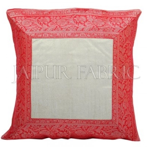 Green Base with Red Gota Work Border Cotton Satin Silk Cushion Cover