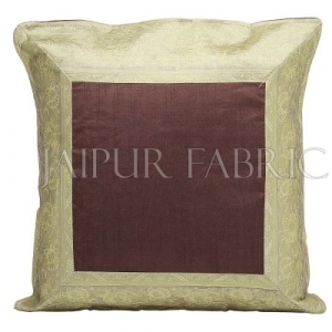 Brown Base with Golden Gota Work Border Cotton Satin Silk Cushion Cover