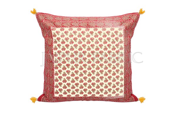 Red Flower Print with Tropical Border Golden Print Cotton Cushion Cover