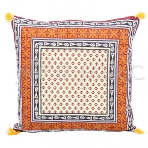 Orange Jaipuri Block Golden Print Cotton Cushion Cover