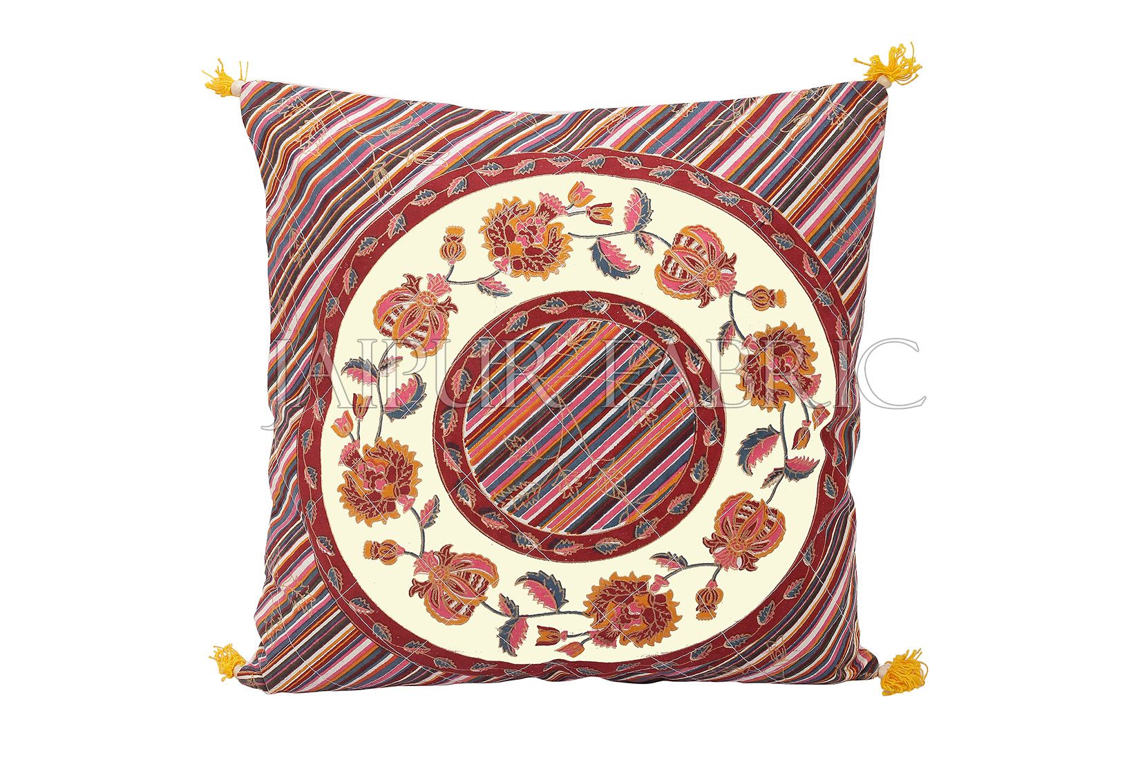 Cream Base Multi Color Jaipur Golden Print Lehriya Design Cotton Cushion Cover