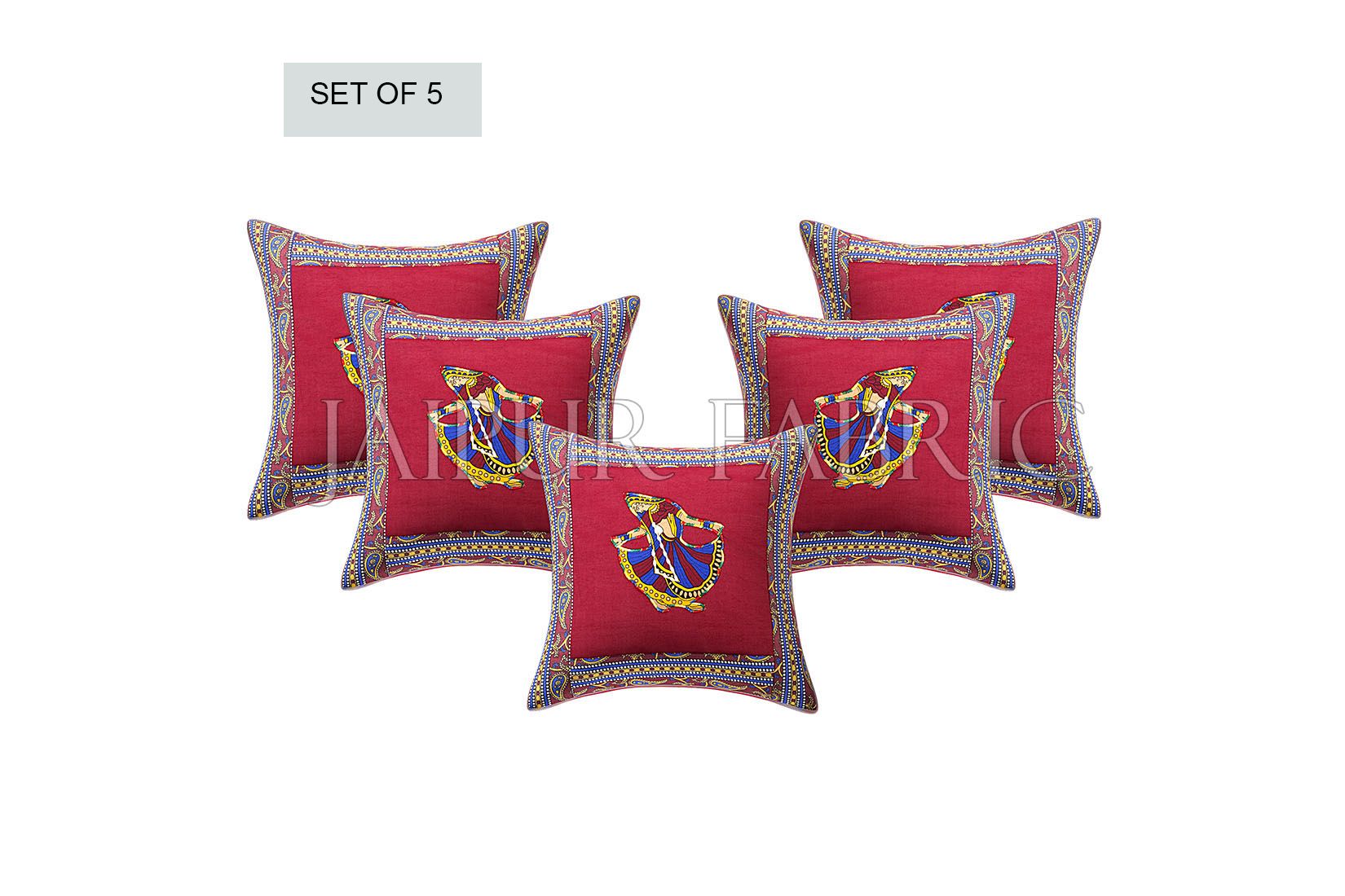Maroon Gujri Dance Design Patchwork & Applique Cushion Cover