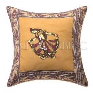 Brown Gujri Dance Design Patcgwork & Applique Cushion Cover