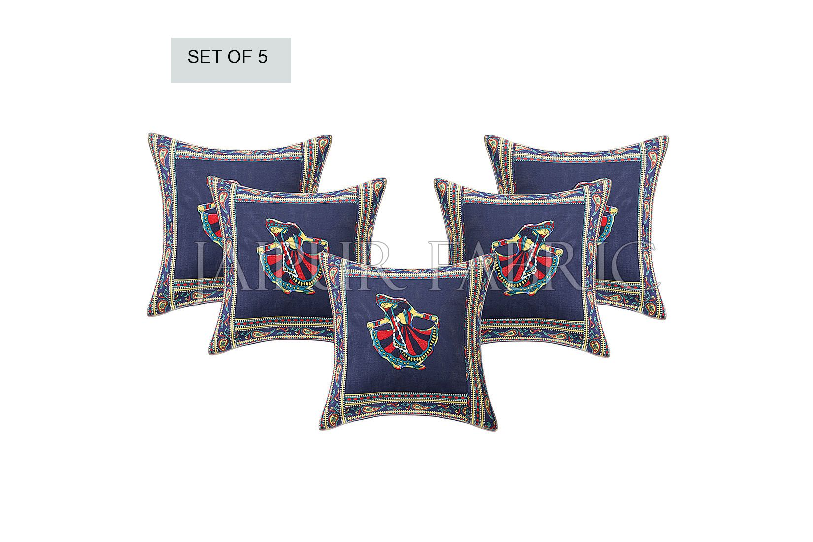 Blue Gujri Dance Design Patchwork & Applique Cushion Cover