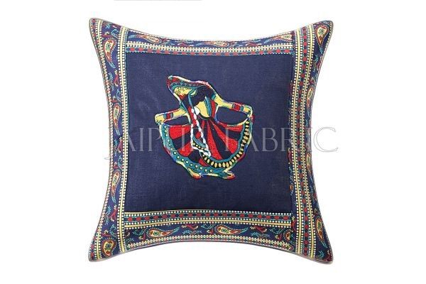 Blue Gujri Dance Design Patchwork & Applique Cushion Cover