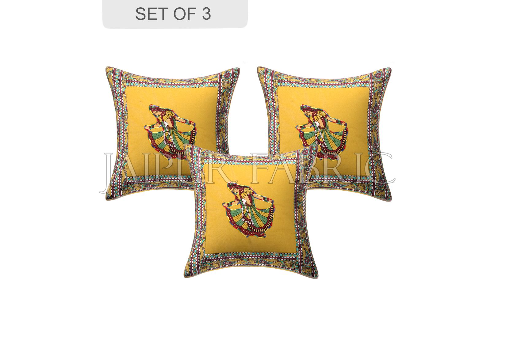 New Mustard Gujri Dance Design Patchwork & Applique Cushion Cover