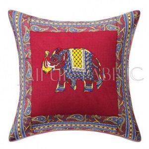 Maroon Elephant Design Patchwork & Applique Cushion Cover