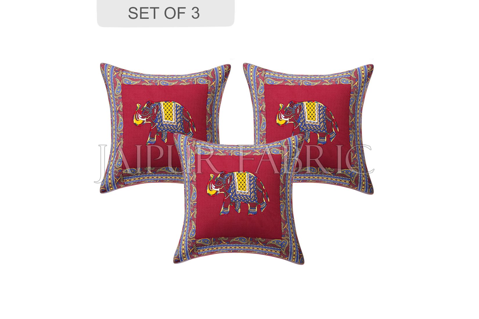 Maroon Elephant Design Patchwork & Applique Cushion Cover