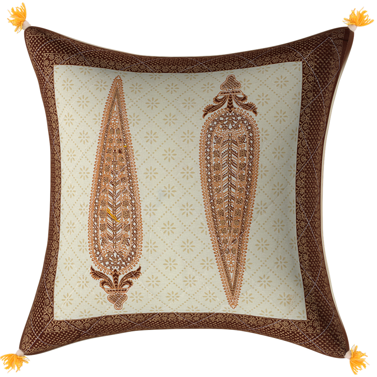 Cream Base Golden Leaves Brown Border   Cotton  Cushion Cover