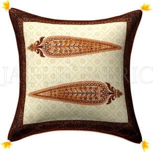 Cream Base Golden Leaves Brown Border   Cotton  Cushion Cover