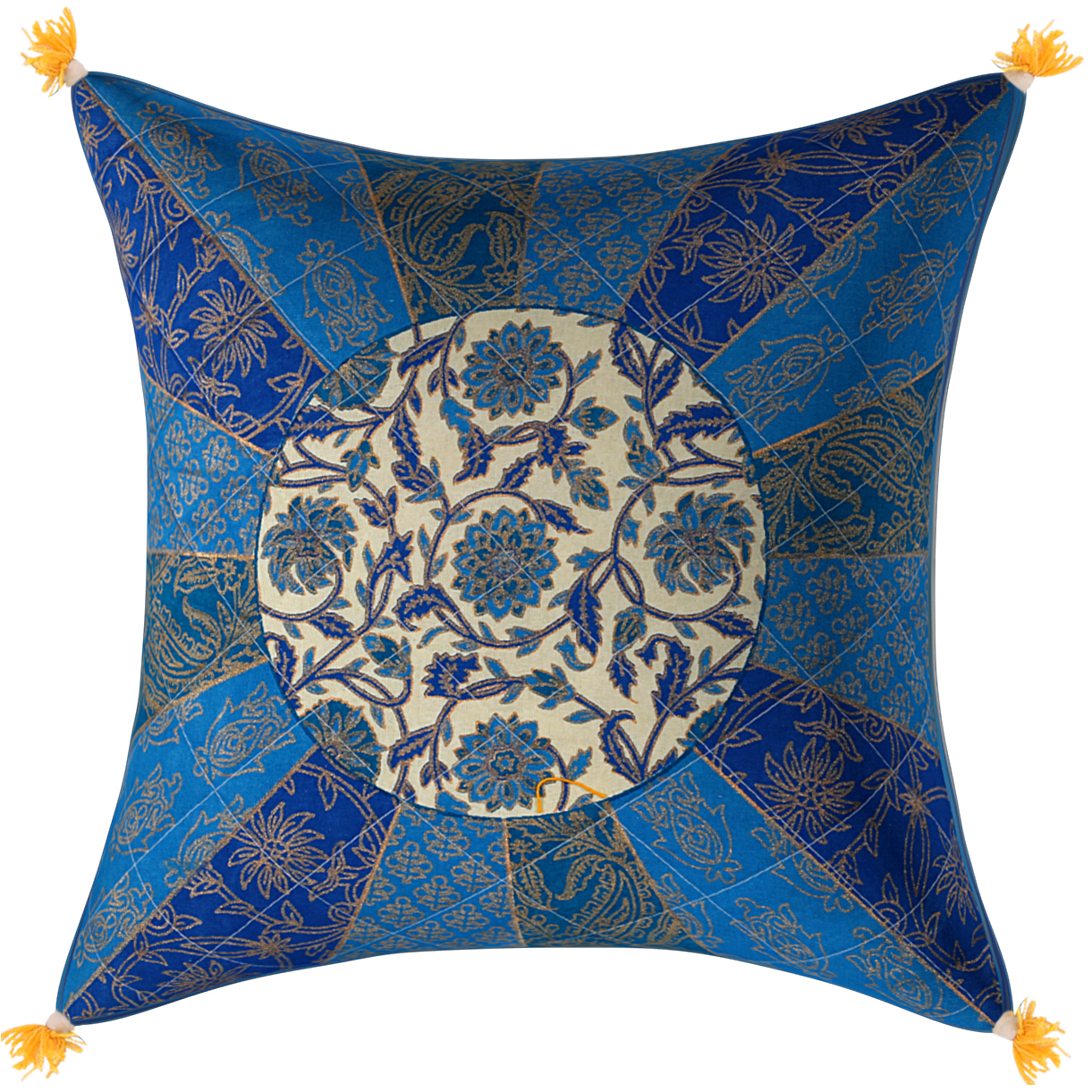 Golden Blue Firozi Floral Print Cream base Cotton Cushion Cover