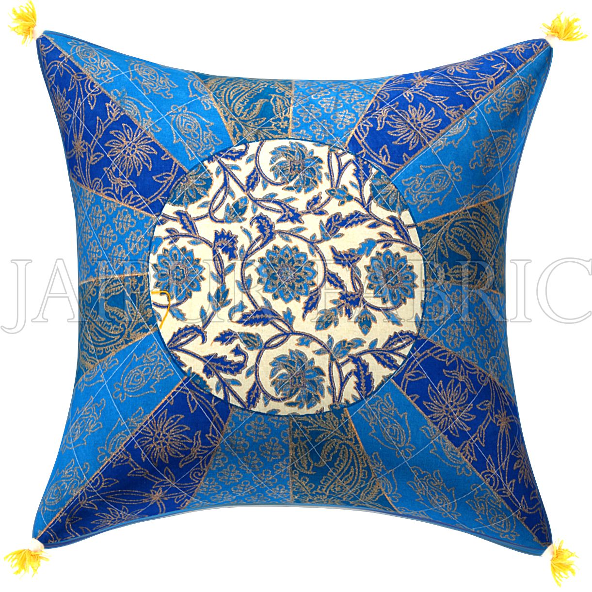 Golden Blue Firozi Floral Print Cream base Cotton Cushion Cover