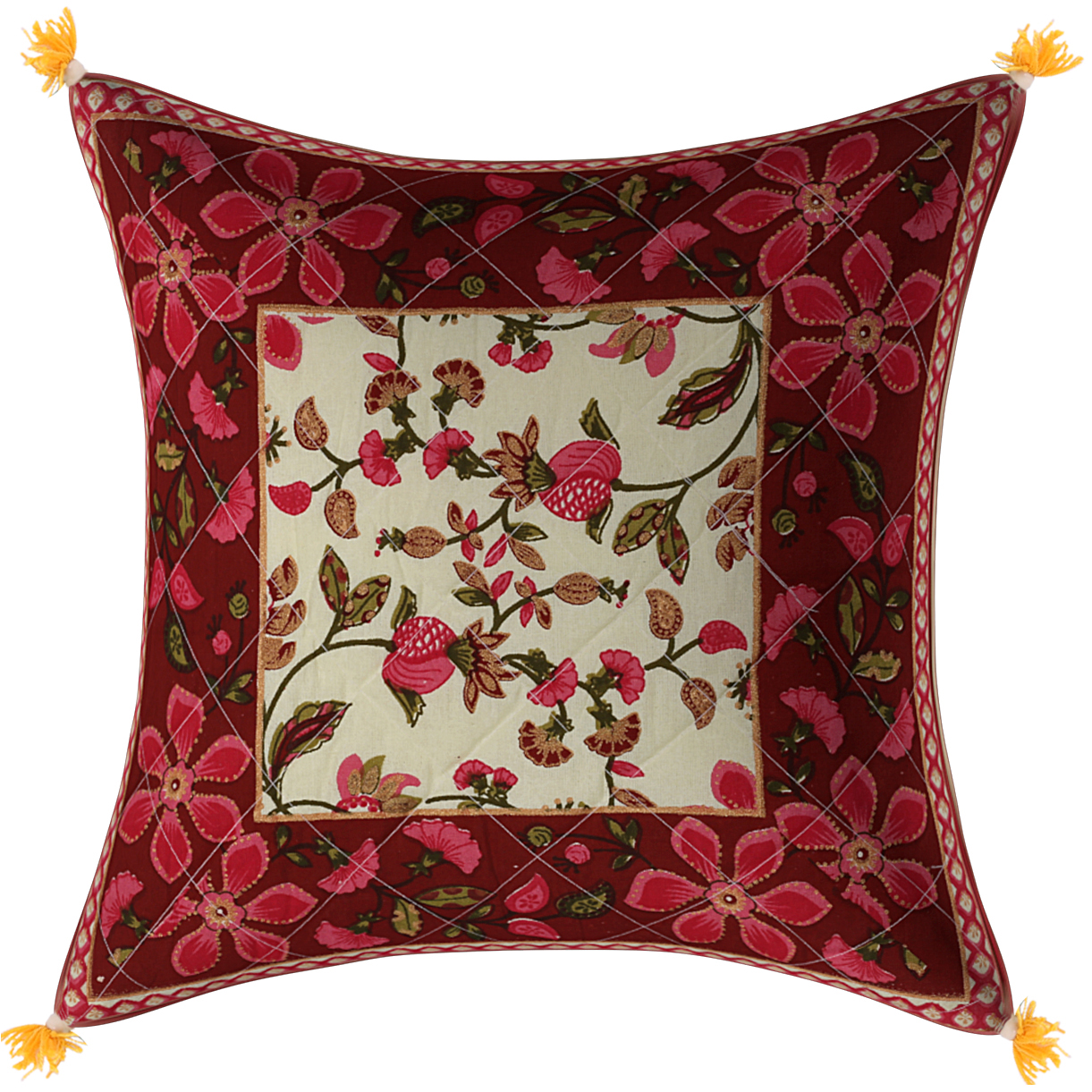 Maroon Base Pink Flower  Pattern Cotton  Cushion Cover