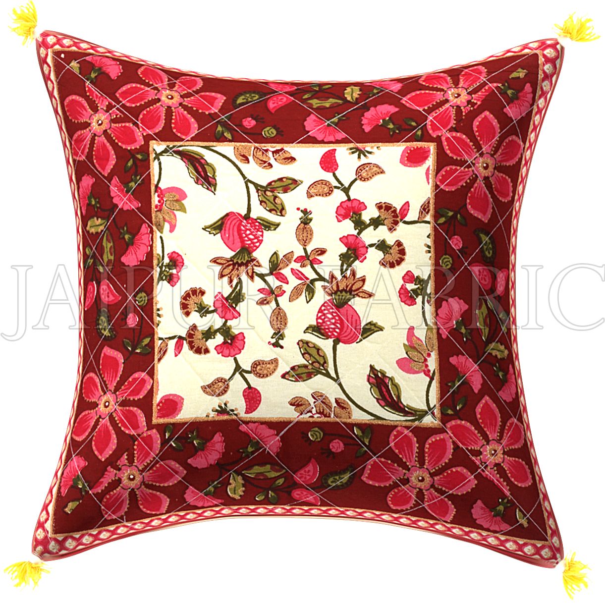 Maroon Base Pink Flower  Pattern Cotton  Cushion Cover