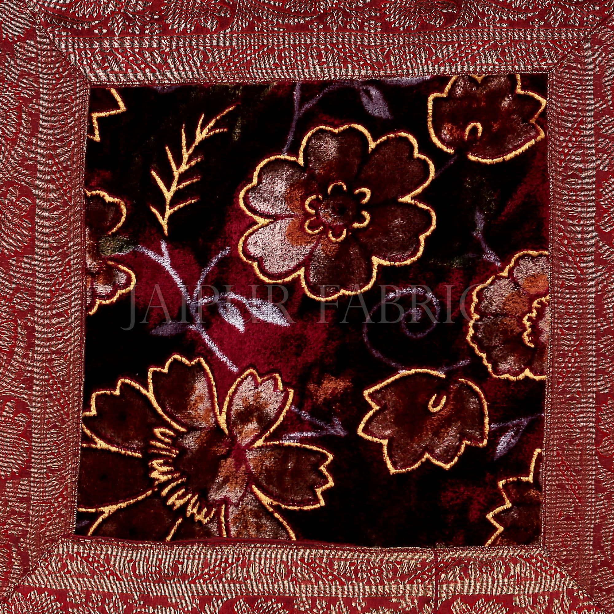 Maroon  Base Gota Work Maroon Border  Floral Print  Velvet Cushion Cover