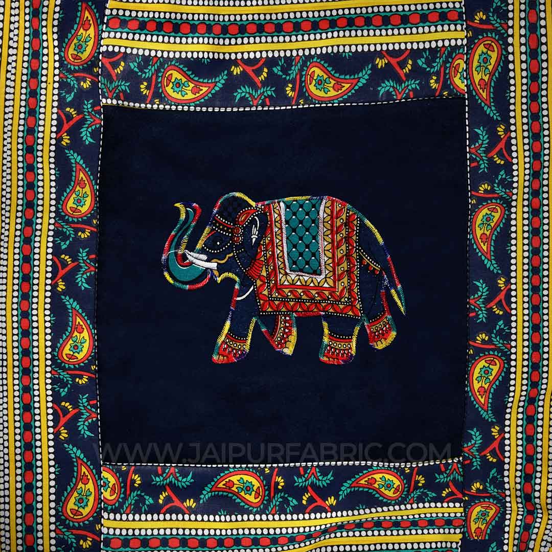 Applique Blue Elephant Jaipuri Hand Made Embroidery Patch Work Cushion Cover
