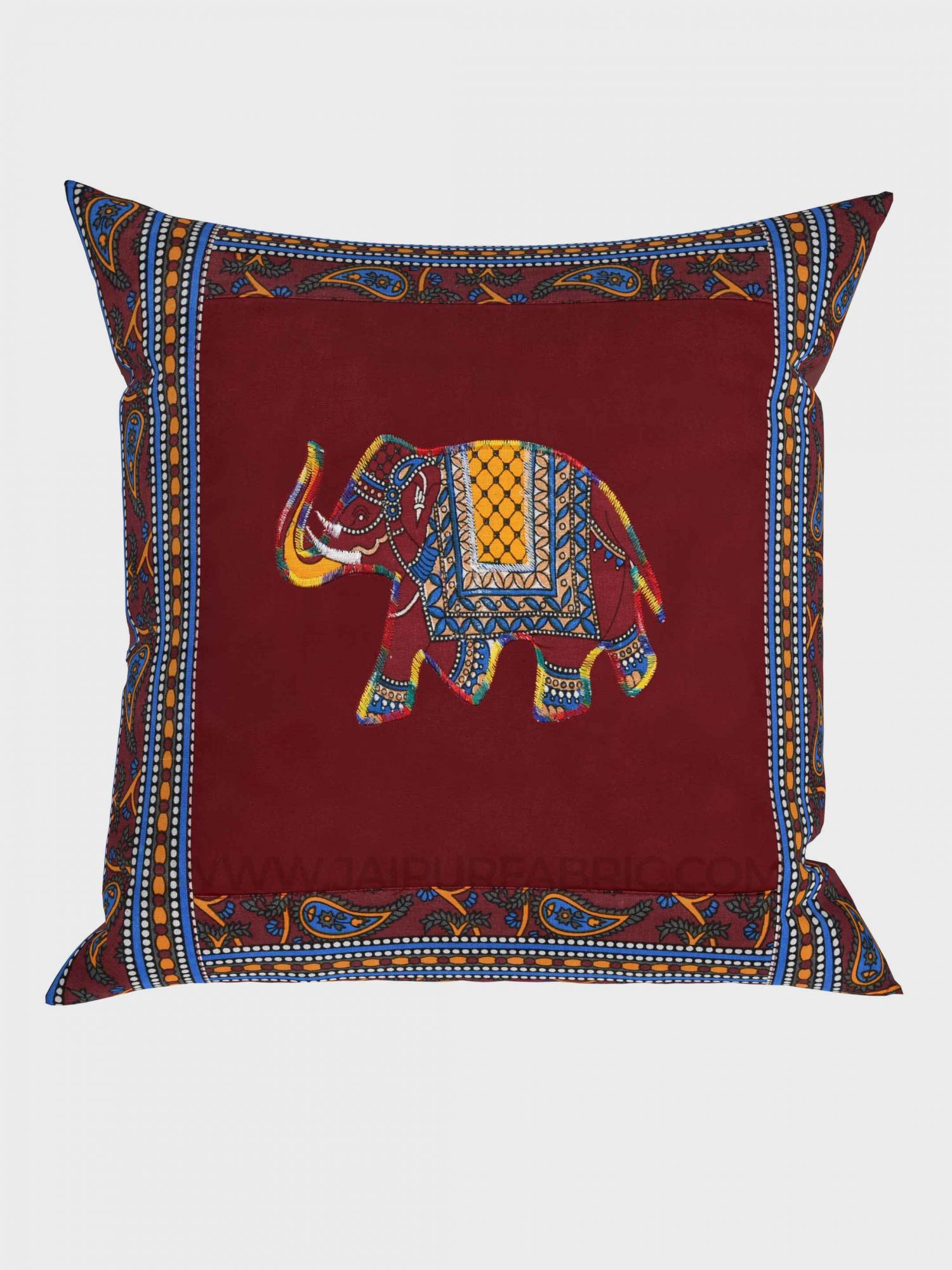 Applique Maroon Elephant Jaipuri Hand Made Embroidery Patch Work Cushion Cover