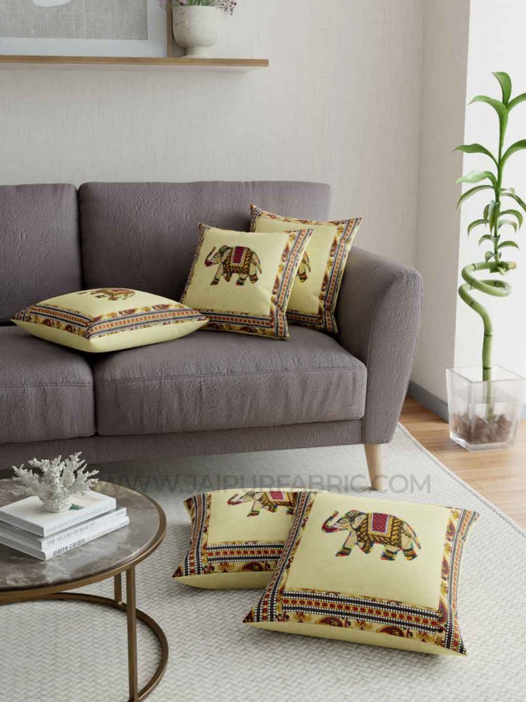 Applique Cream Elephant Jaipuri Hand Made Embroidery Patch Work Cushion Cover