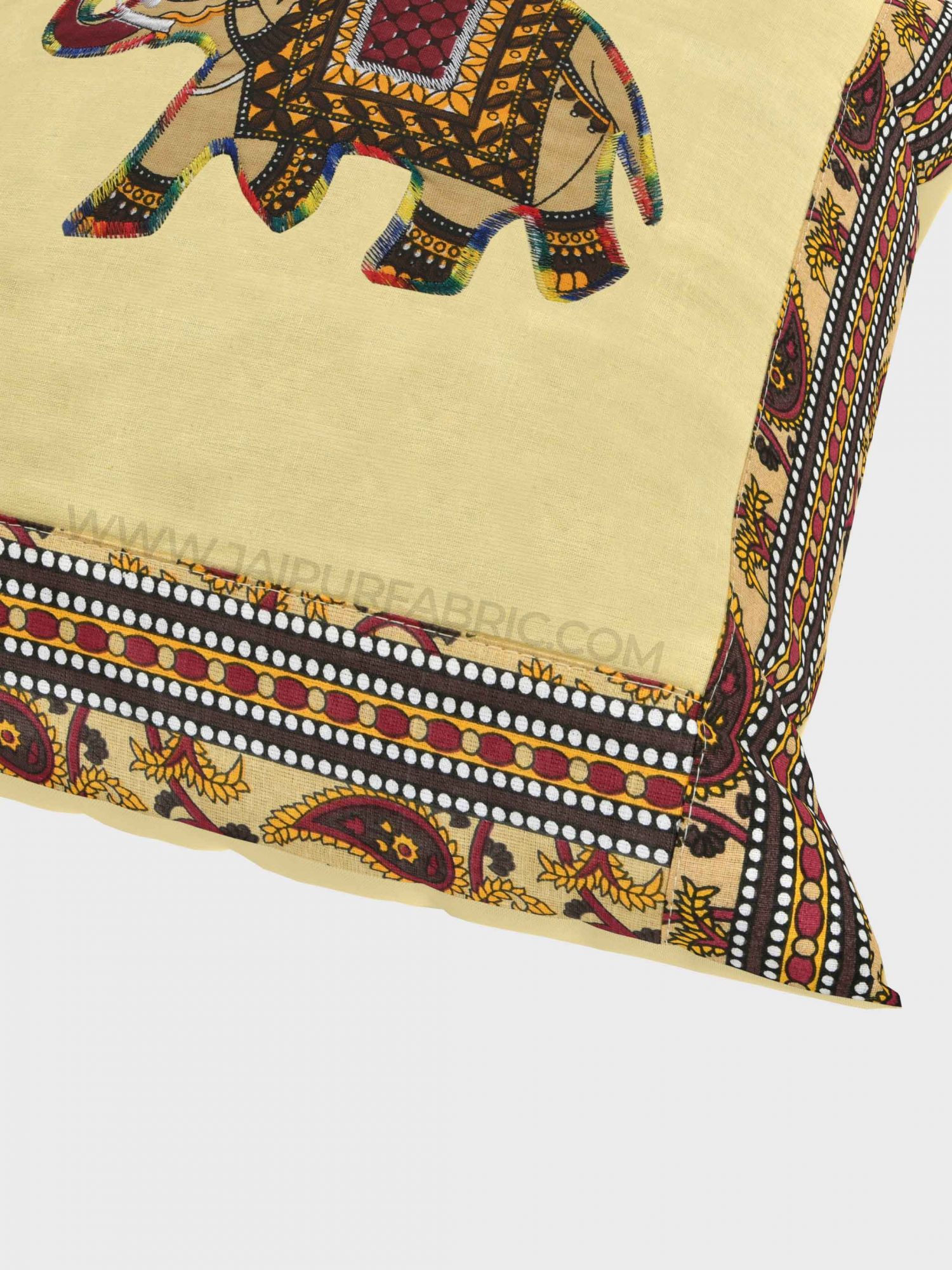 Applique Cream Elephant Jaipuri Hand Made Embroidery Patch Work Cushion Cover