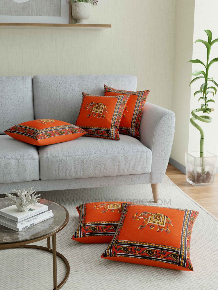 Applique Orange Elephant Jaipuri Hand Made Embroidery Patch Work Cushion Cover