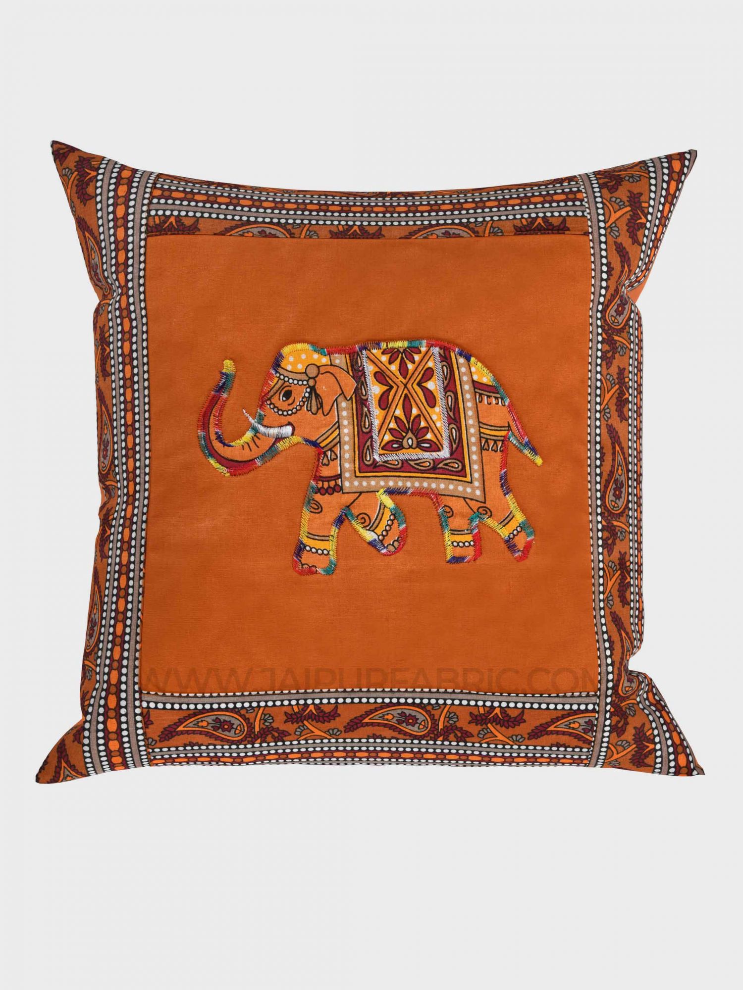 Applique Mustard Elephant Jaipuri Hand Made Embroidery Patch Work Cushion Cover