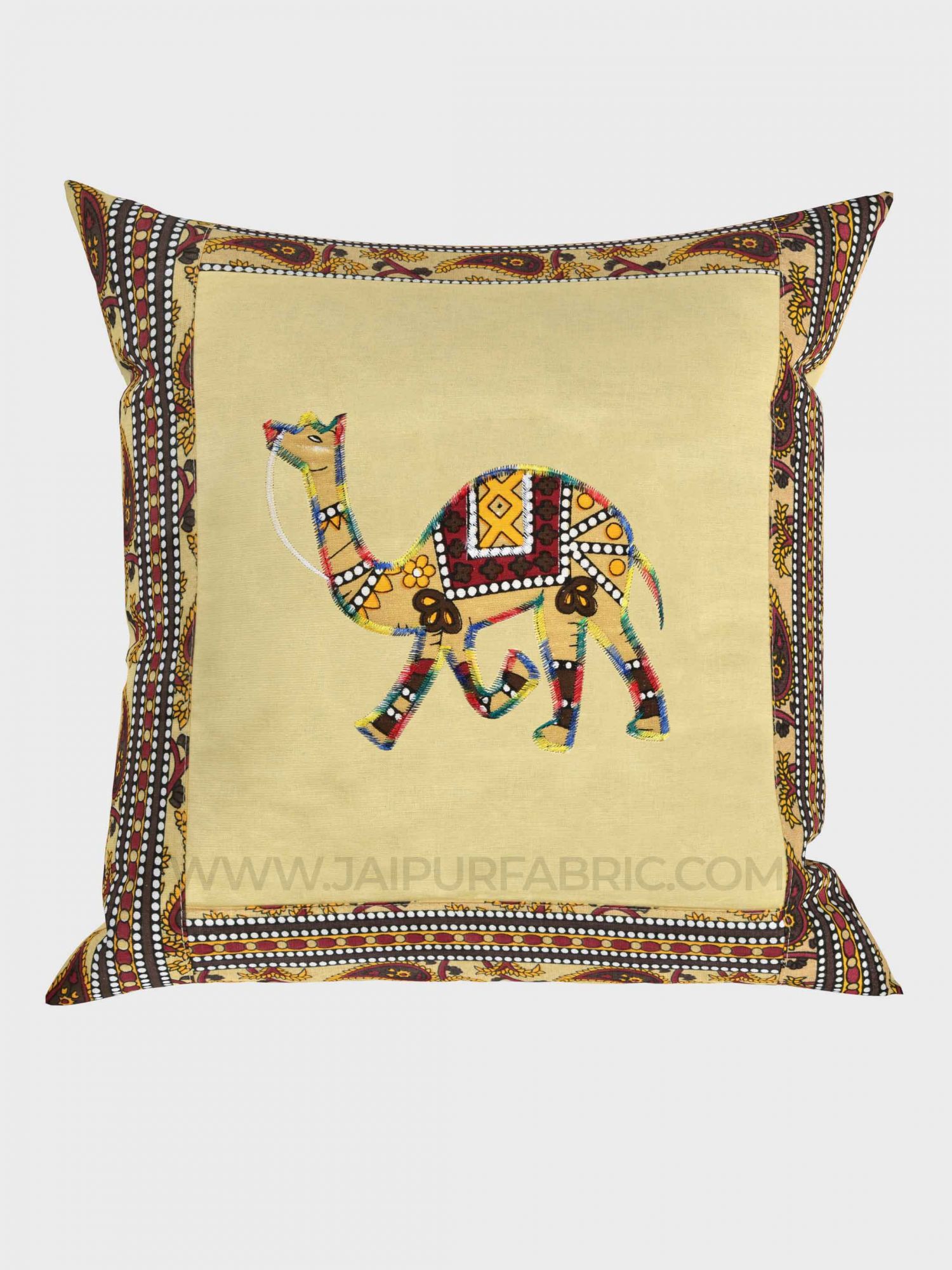 Applique Cream Camel Jaipuri Hand Made Embroidery Patch Work Cushion Cover