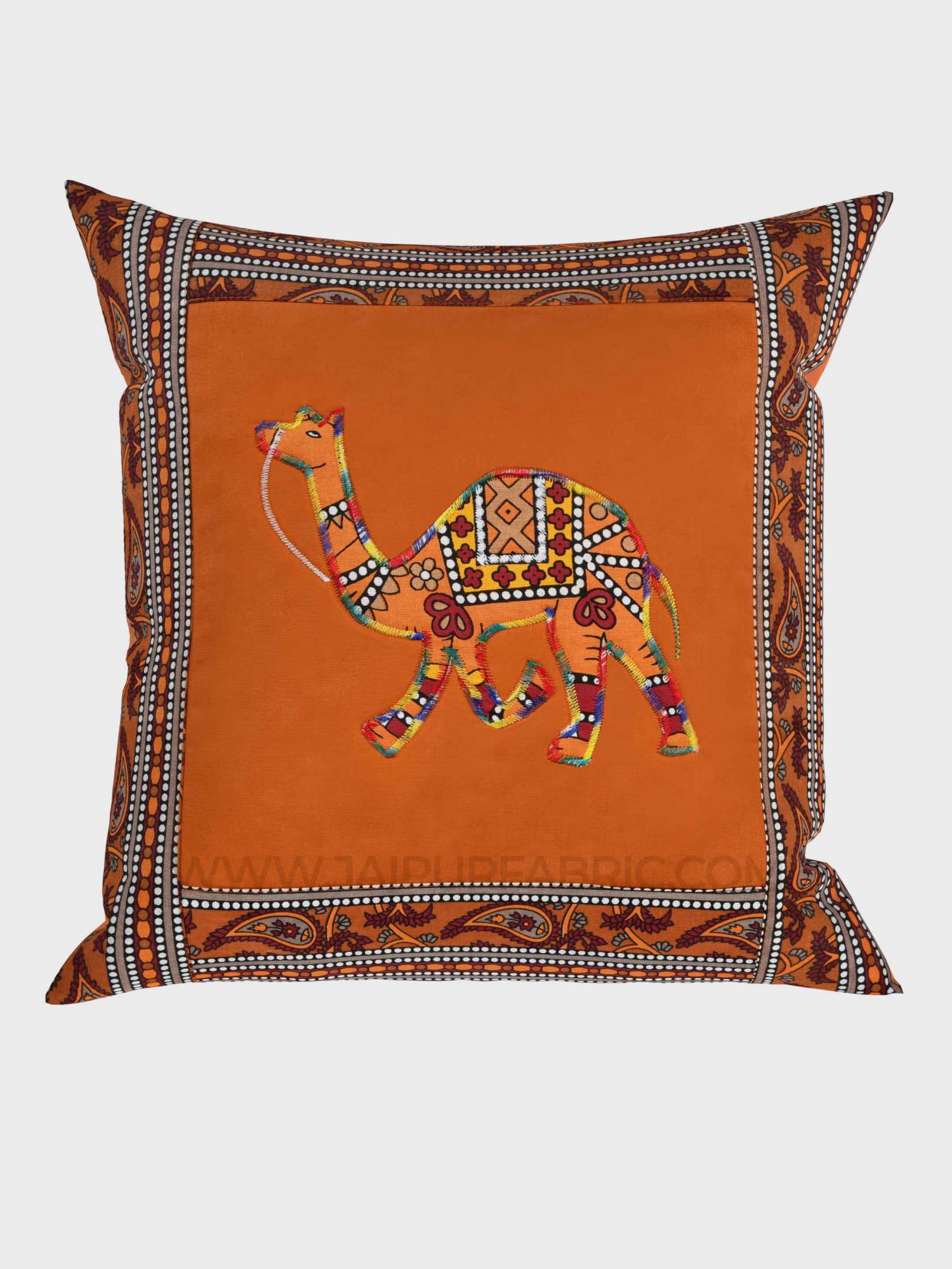 Applique Mustard Camel Jaipuri Hand Made Embroidery Patch Work Cushion Cover