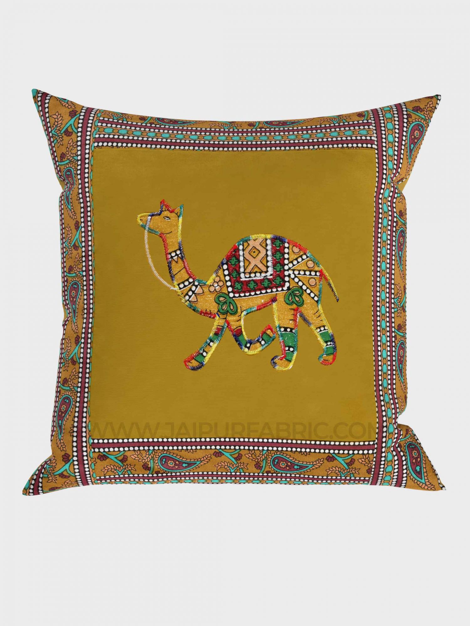 Applique Mehandi Green Camel Jaipuri Hand Made Embroidery Patch Work Cushion Cover