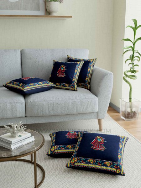 Applique Blue Dandiya Jaipuri Hand Made Embroidery Patch Work Cushion Cover