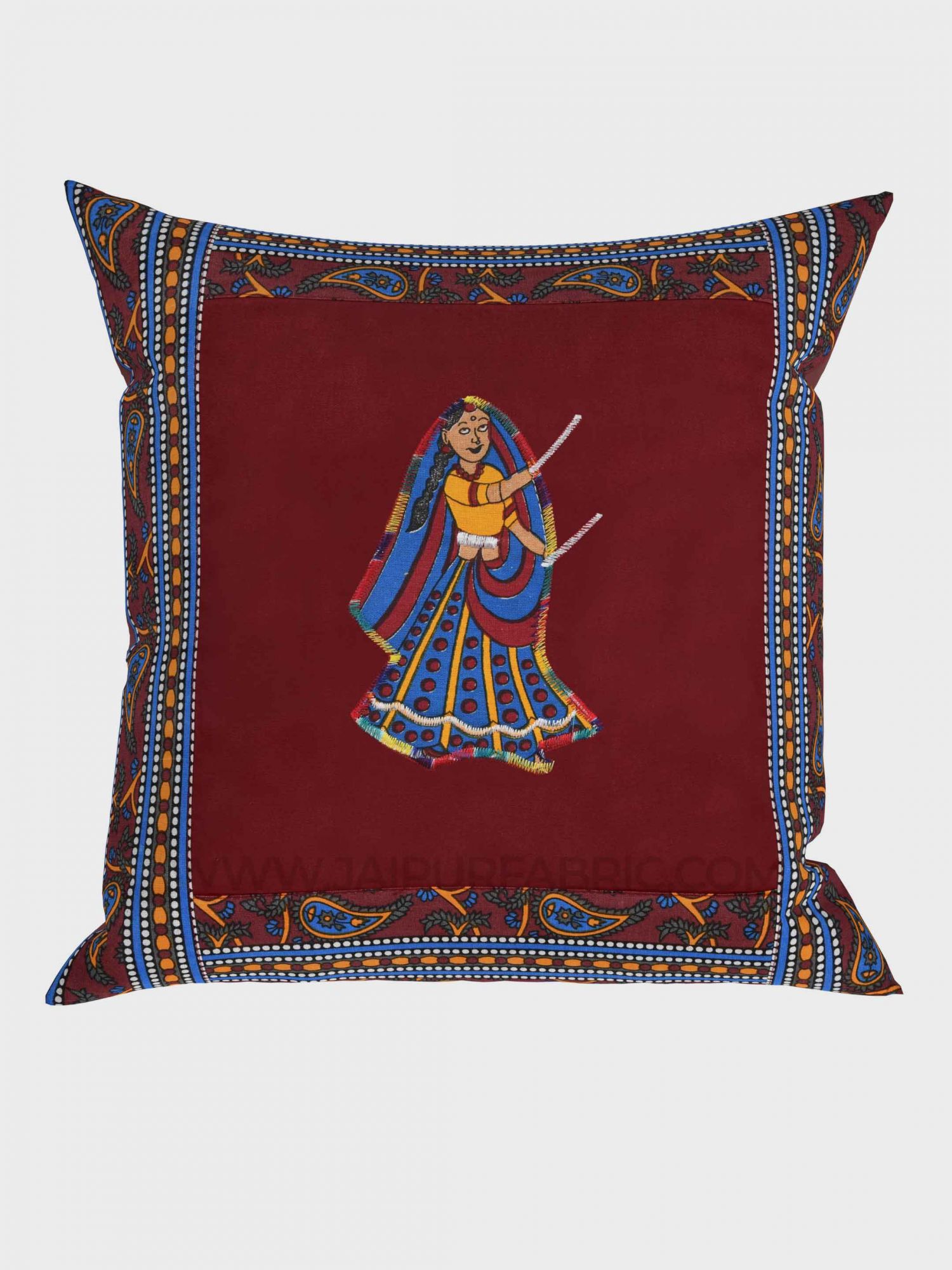 Applique Maroon Dandiya Jaipuri Hand Made Embroidery Patch Work Cushion Cover