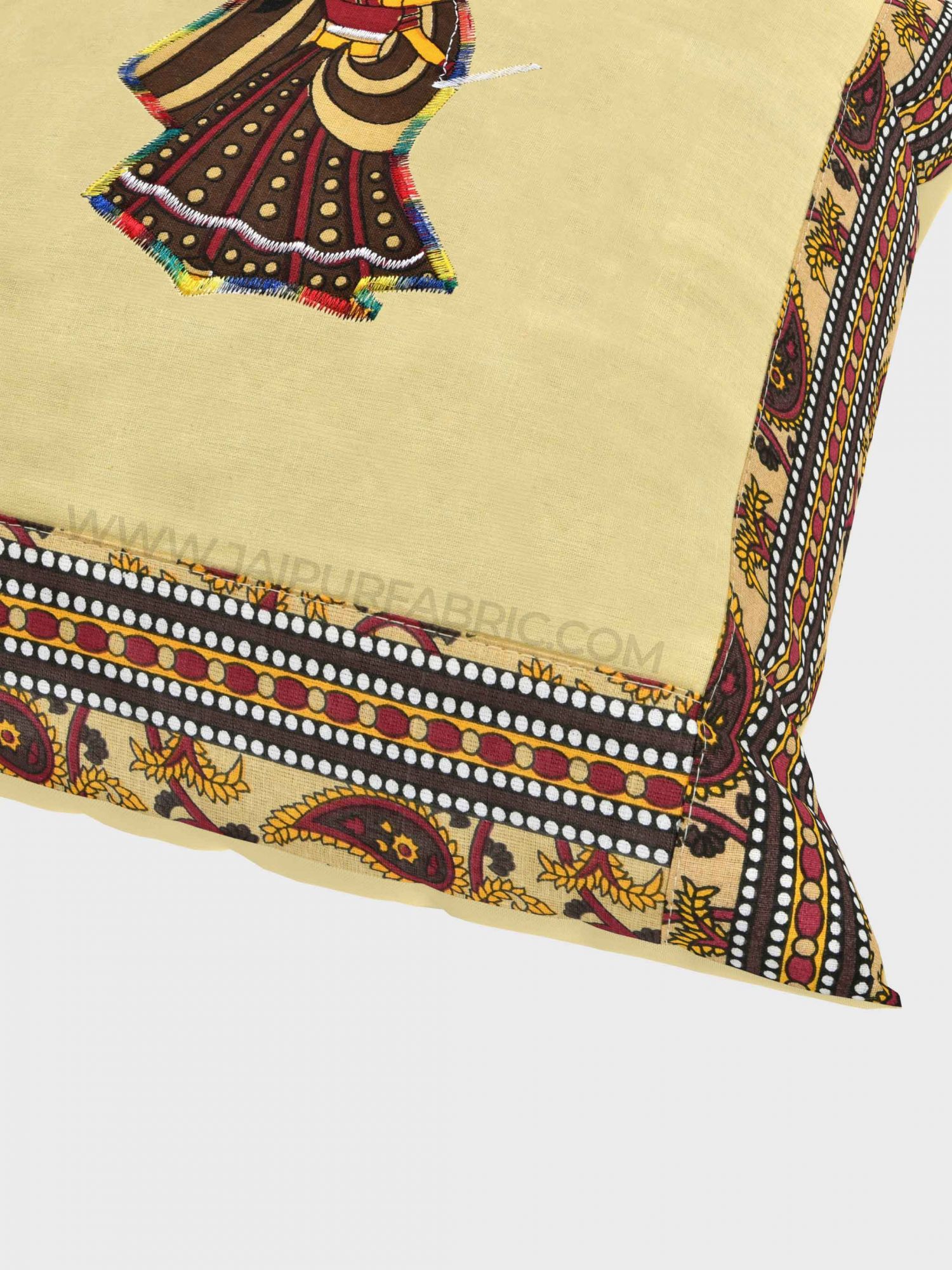 Applique Cream Dandiya Jaipuri Hand Made Embroidery Patch Work Cushion Cover