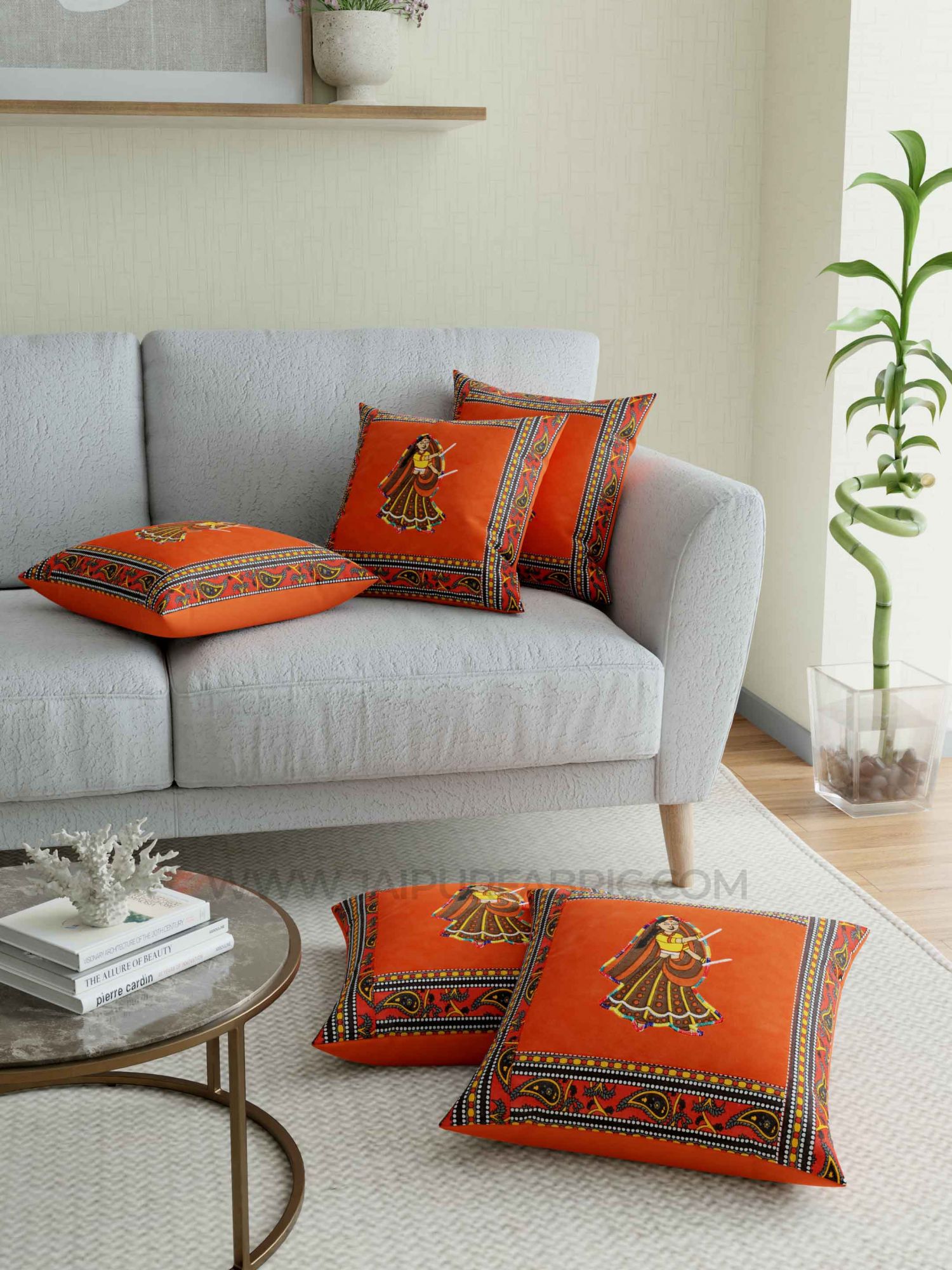 Applique Orange Dandiya Jaipuri Hand Made Embroidery Patch Work Cushion Cover