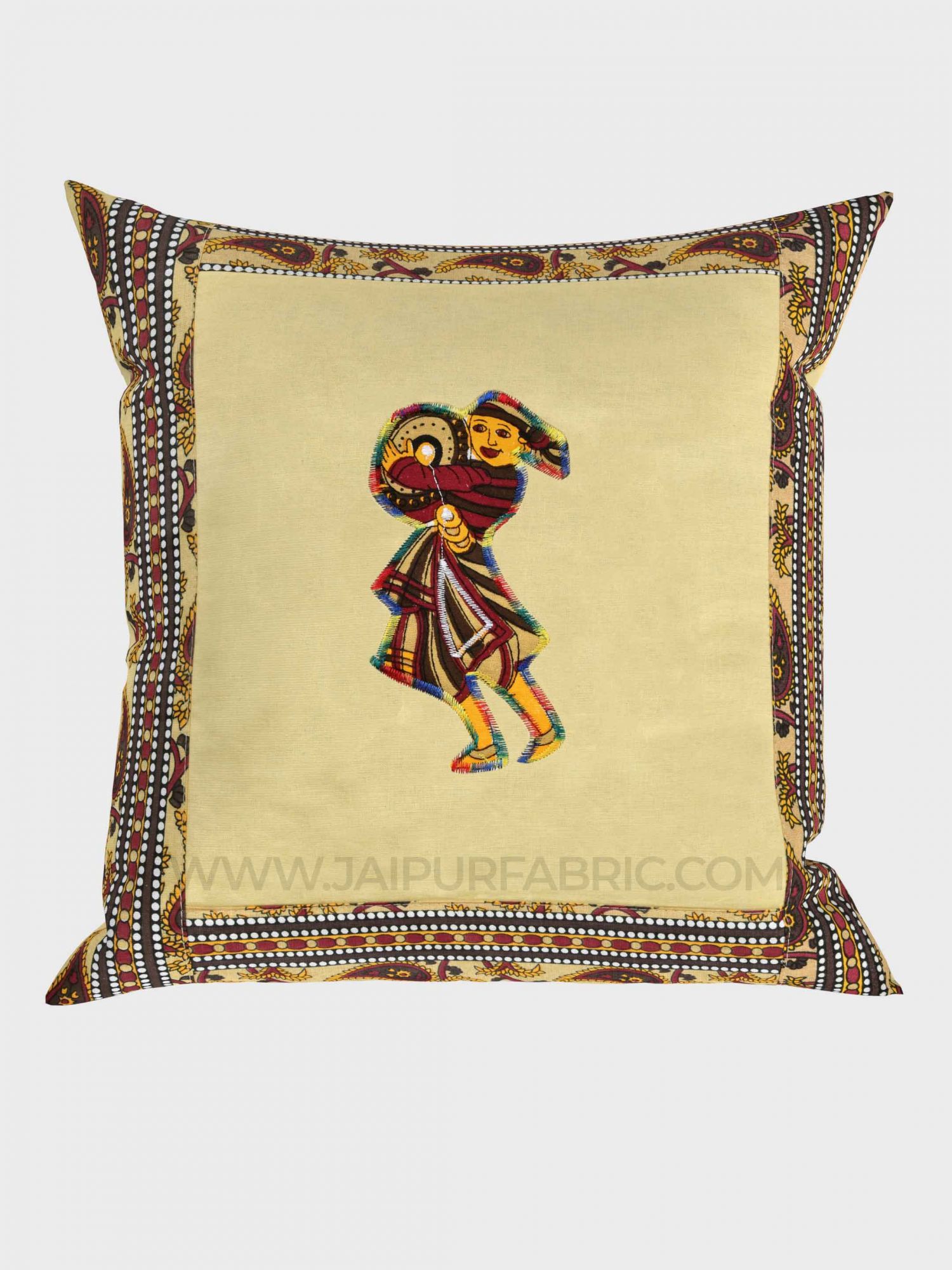 Applique Cream Chang Dance Jaipuri Hand Made Embroidery Patch Work Cushion Cover