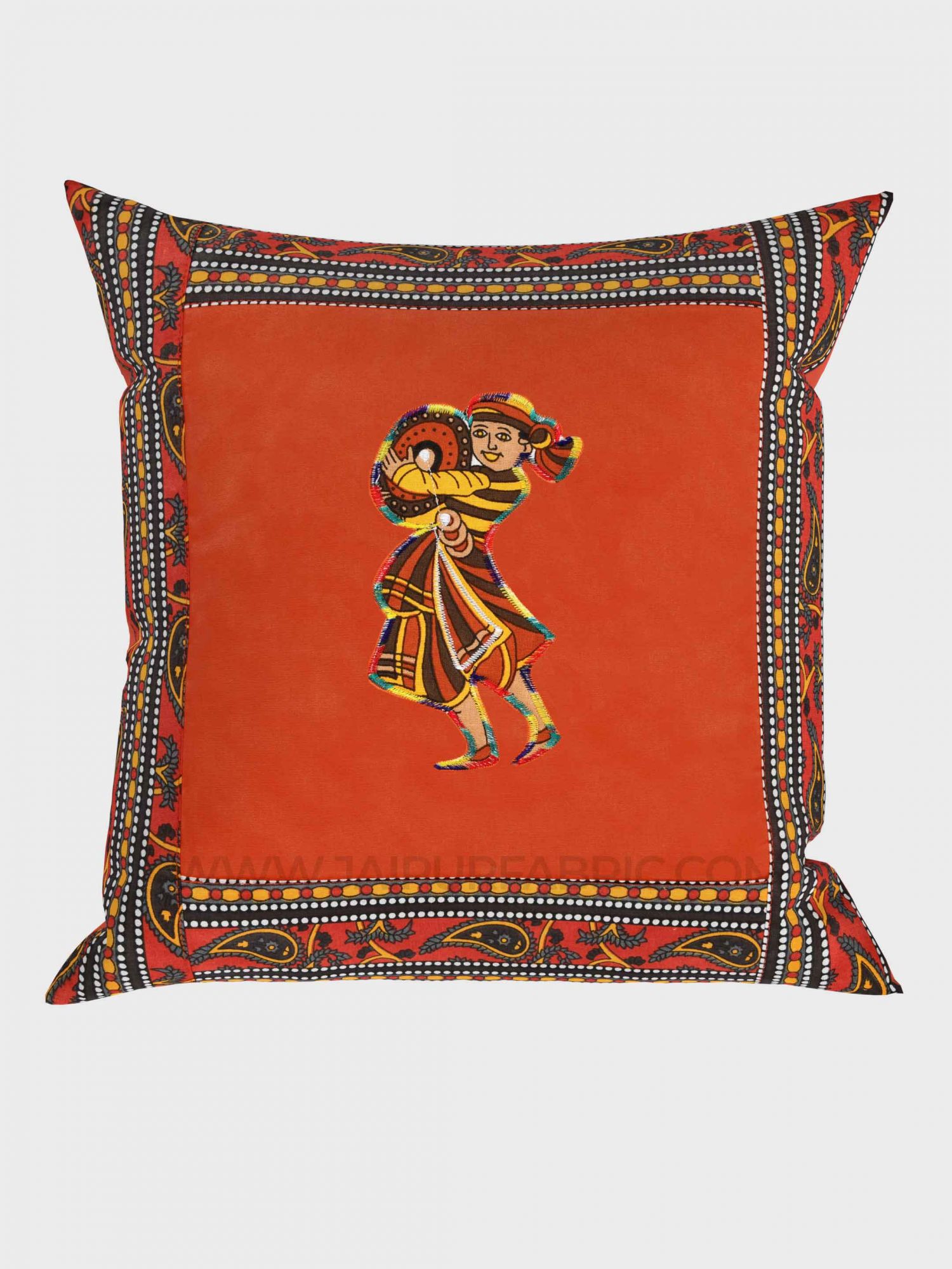 Applique Orange Chang Dance Jaipuri Hand Made Embroidery Patch Work Cushion Cover