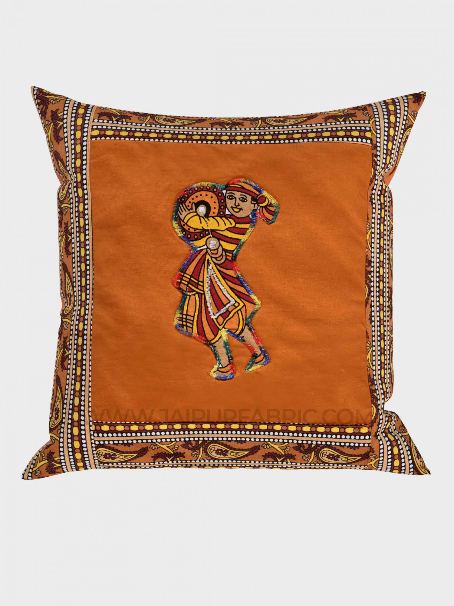 Applique Mustard Chang Dance Jaipuri Hand Made Embroidery Patch Work Cushion Cover