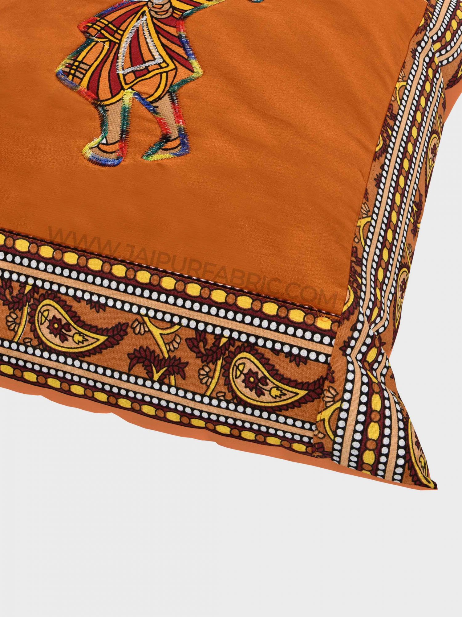 Applique Mustard Chang Dance Jaipuri Hand Made Embroidery Patch Work Cushion Cover