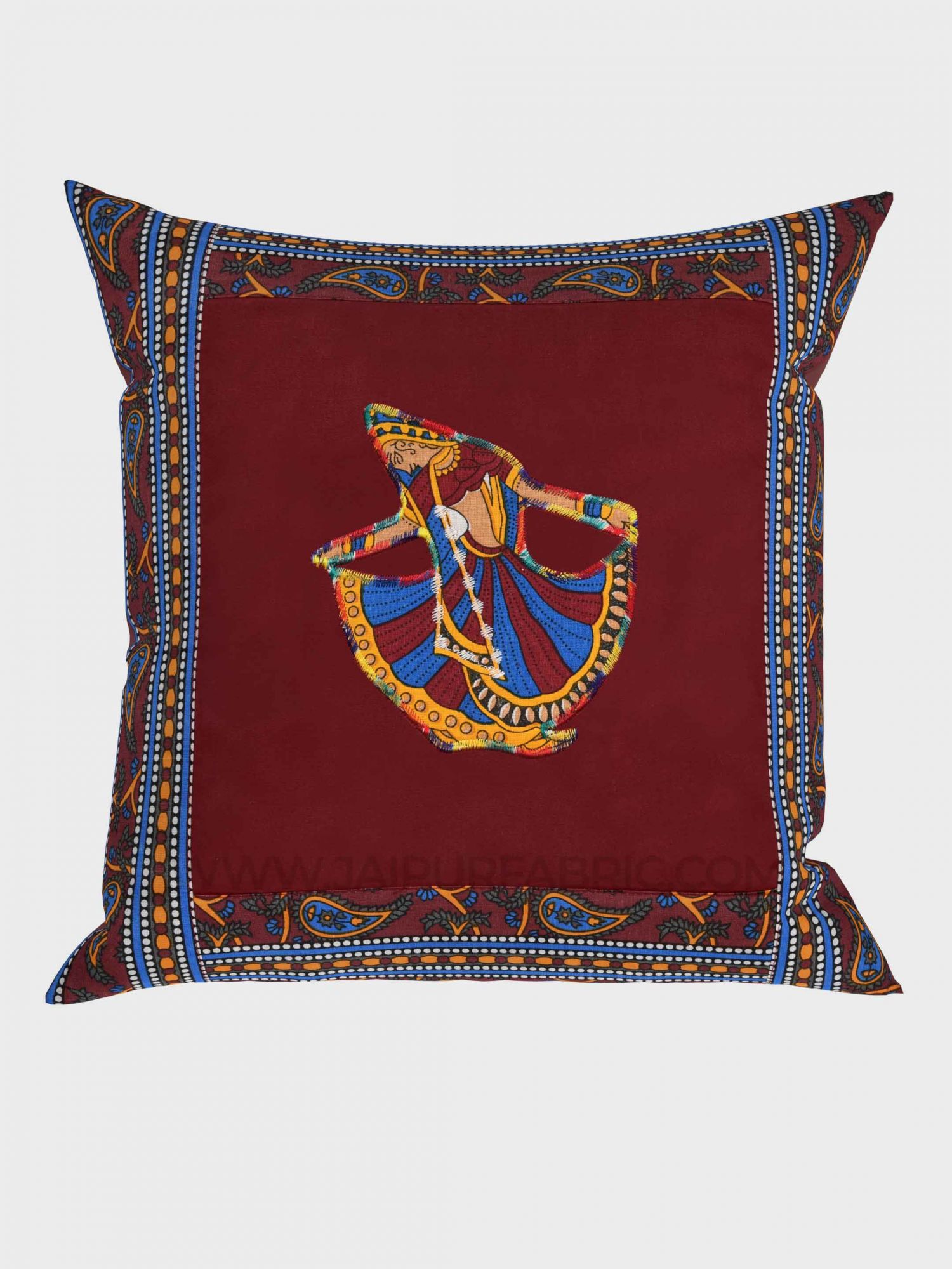 Applique Maroon Gujri Jaipuri Hand Made Embroidery Patch Work Cushion Cover