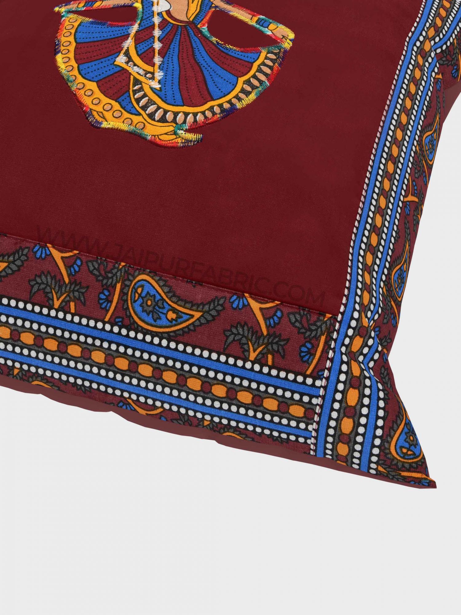 Applique Maroon Gujri Jaipuri Hand Made Embroidery Patch Work Cushion Cover