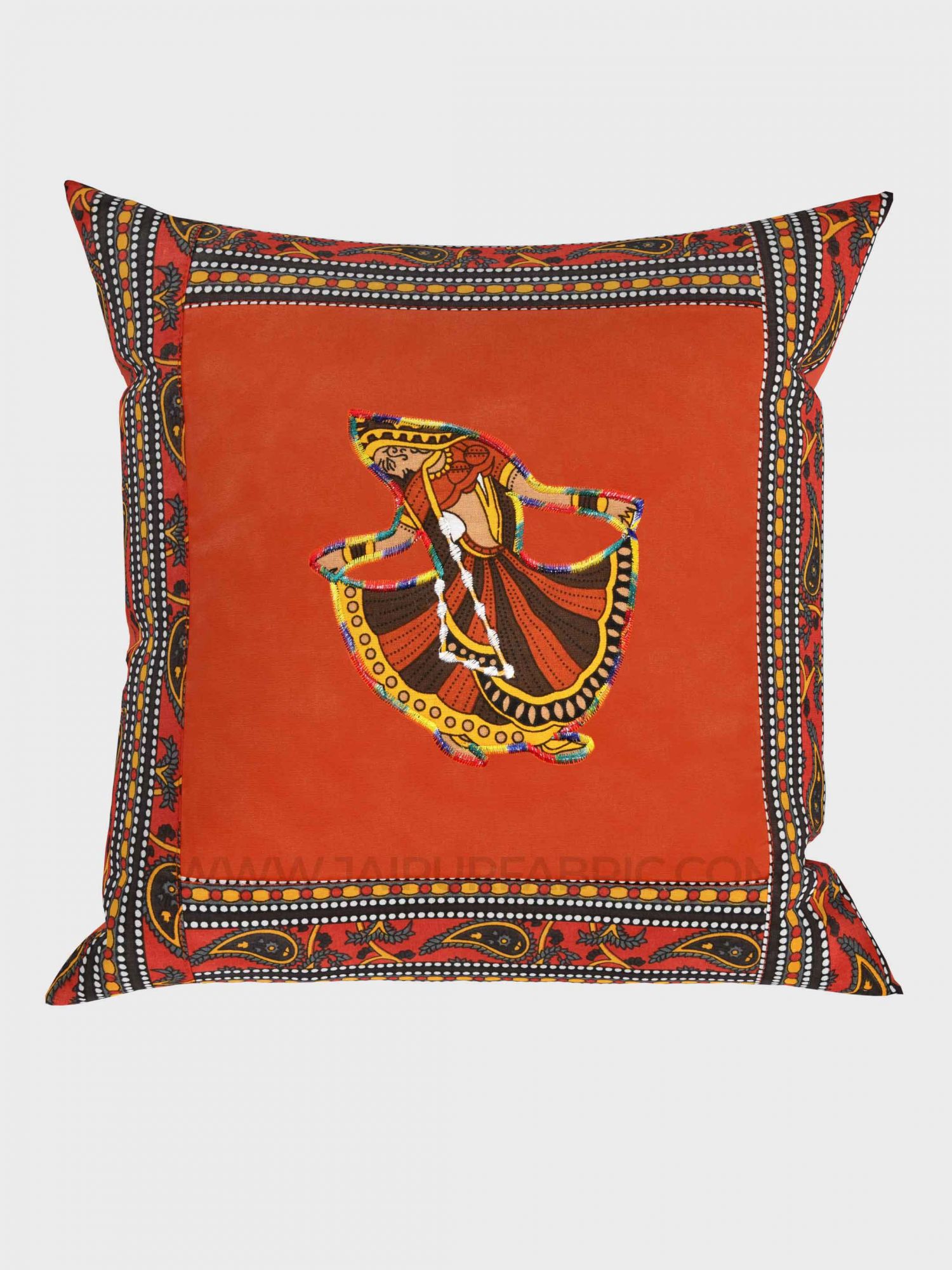 Applique Orange Gujri Jaipuri Hand Made Embroidery Patch Work Cushion Cover