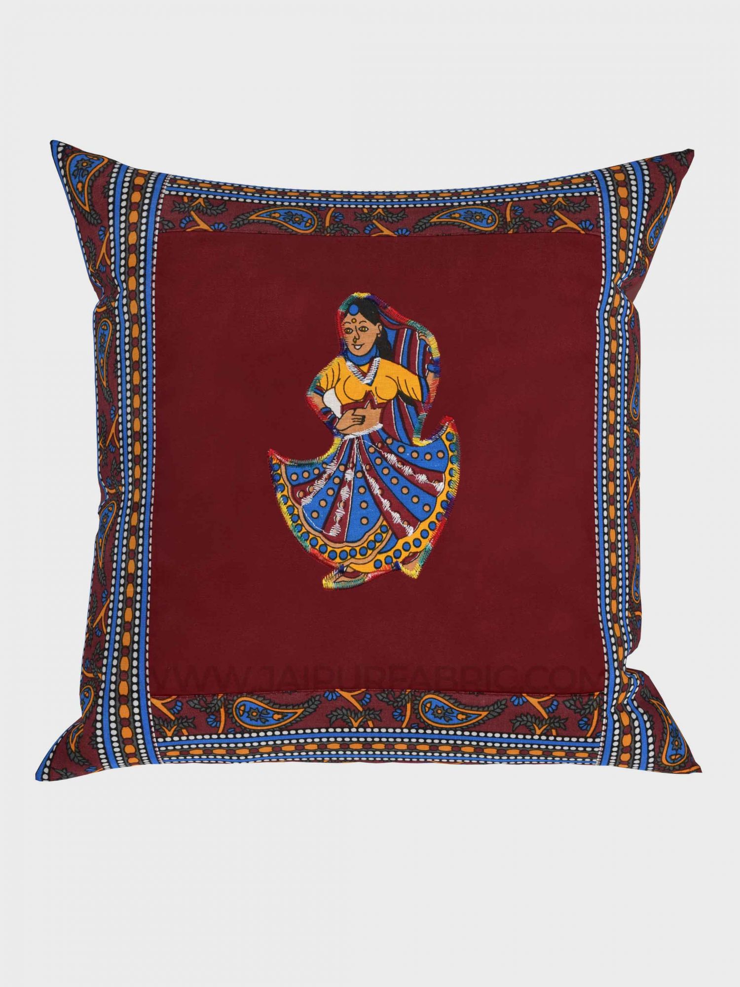 Applique Maroon Rajasthani Dance Jaipuri Hand Made Embroidery Patch Work Cushion Cover