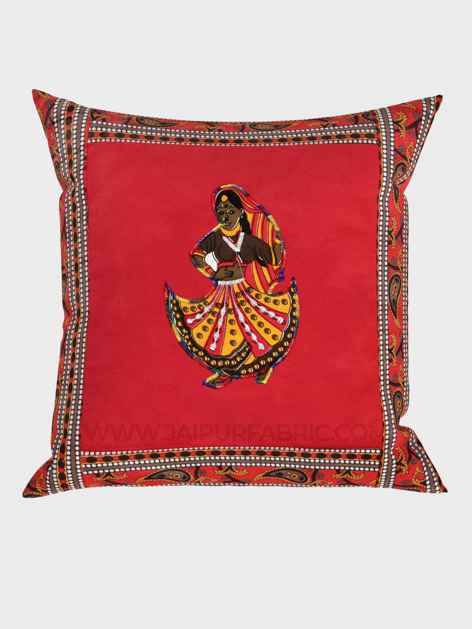 Applique Red Rajasthani Dance Jaipuri Hand Made Embroidery Patch Work Cushion Cover