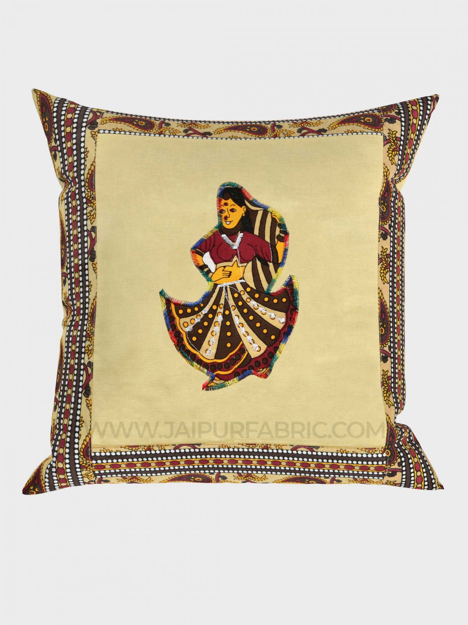 Applique Cream Rajasthani Dance Jaipuri Hand Made Embroidery Patch Work Cushion Cover