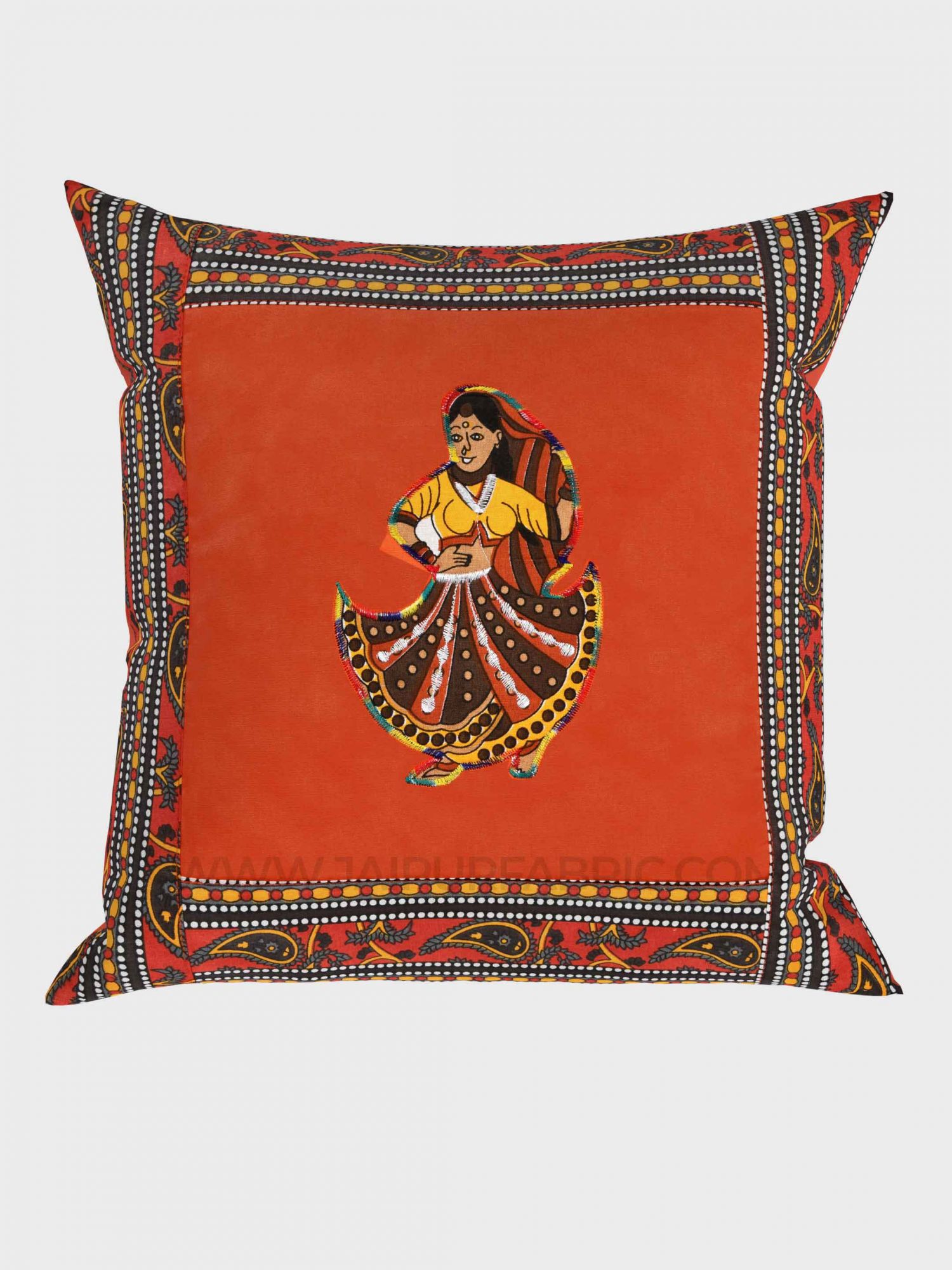 Applique Orange Rajasthani Dance Jaipuri Hand Made Embroidery Patch Work Cushion Cover
