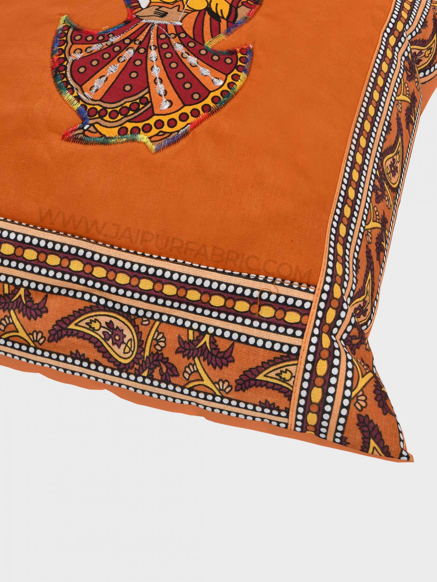 Applique Mustard Rajasthani Dance Jaipuri Hand Made Embroidery Patch Work Cushion Cover