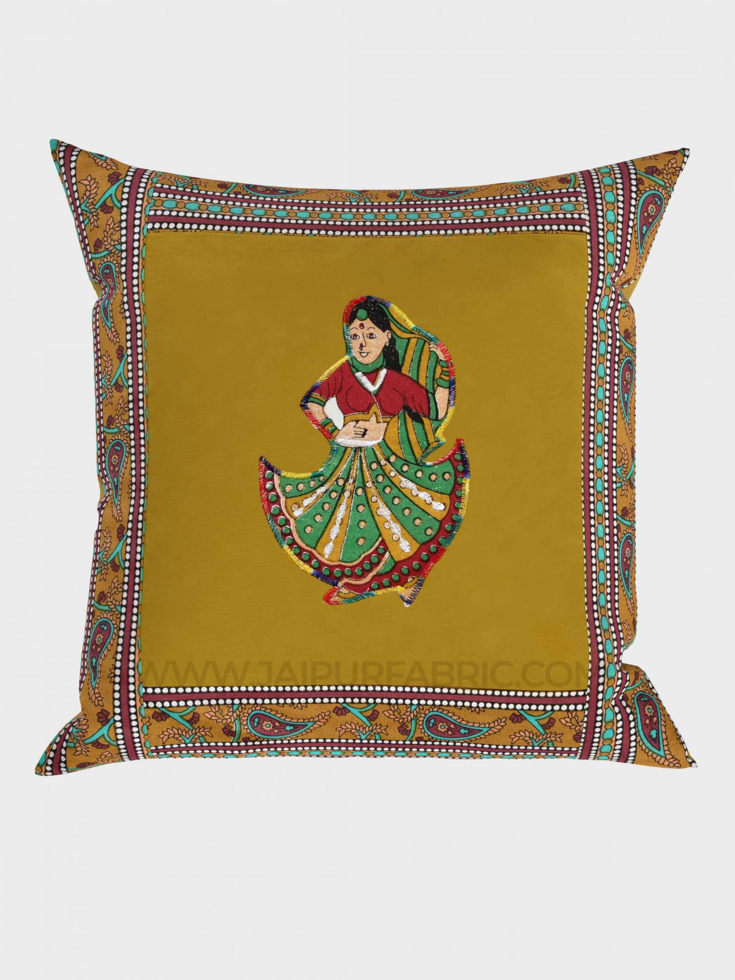 Applique Mehandi Green Rajasthani Dance Jaipuri Hand Made Embroidery Patch Work Cushion Cover