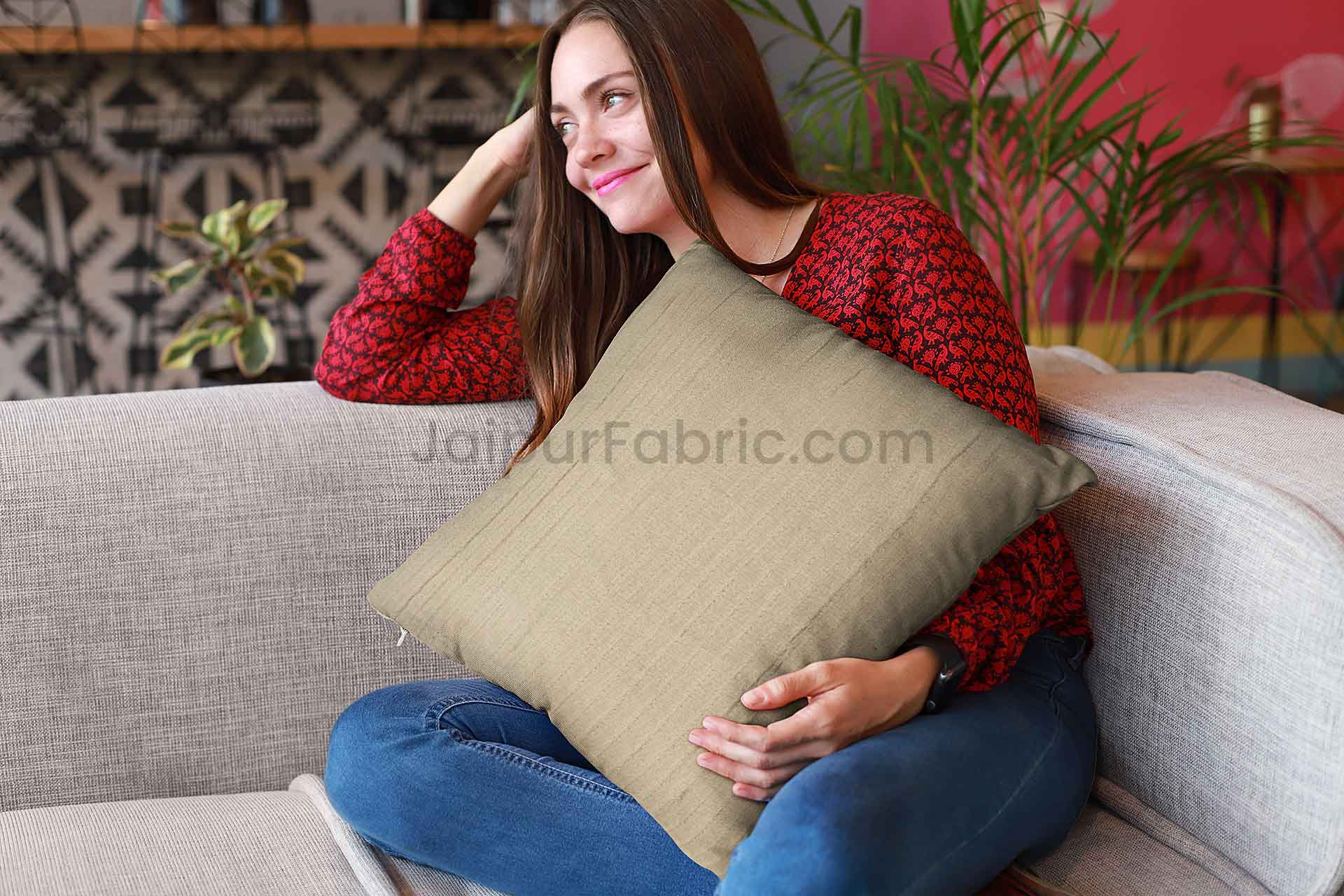 Beige Quilted Cotton Cushion Cover