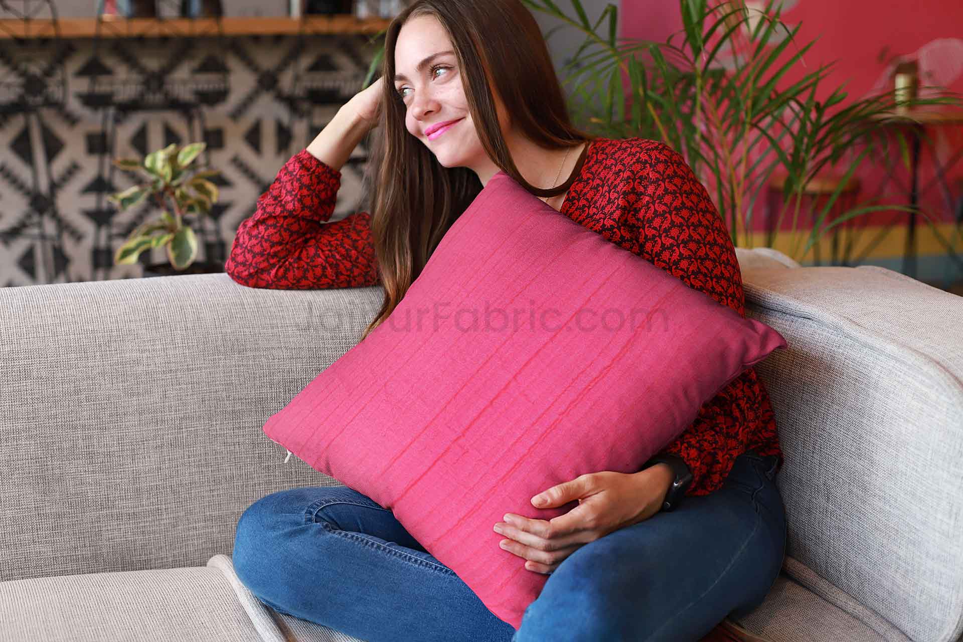 Pink  Quilted Cotton Cushion Cover