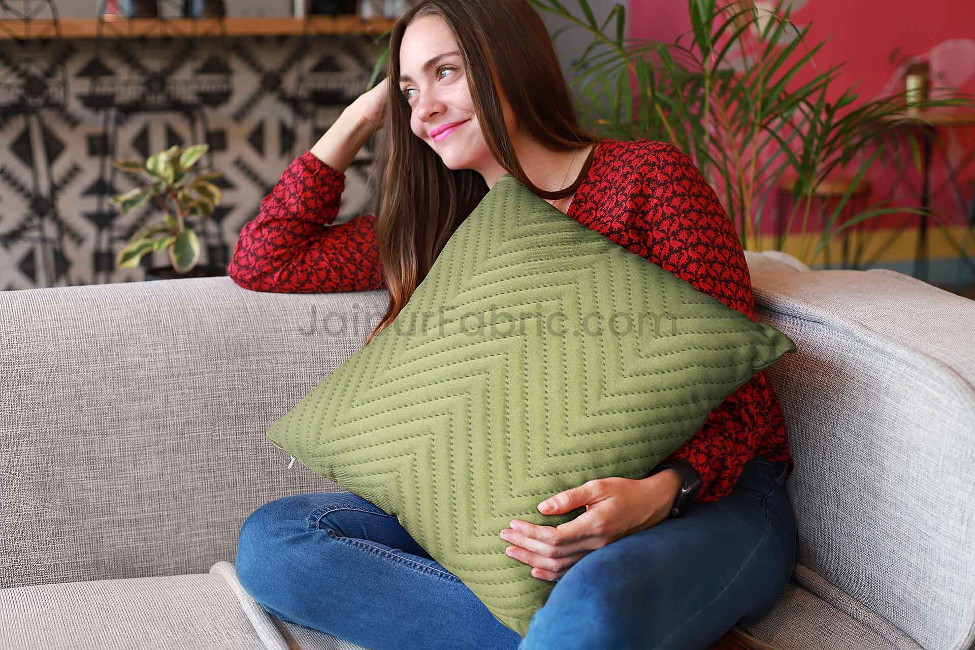 Green Herringbone Pattern Cotton Cushion Cover